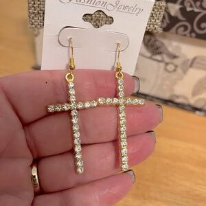 Gold tone Rhinestone Cross earrings, pierced, new on card